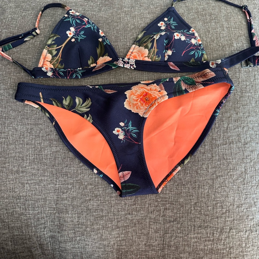 Triangl Swimwear Floral Bikini with Coral and Navy